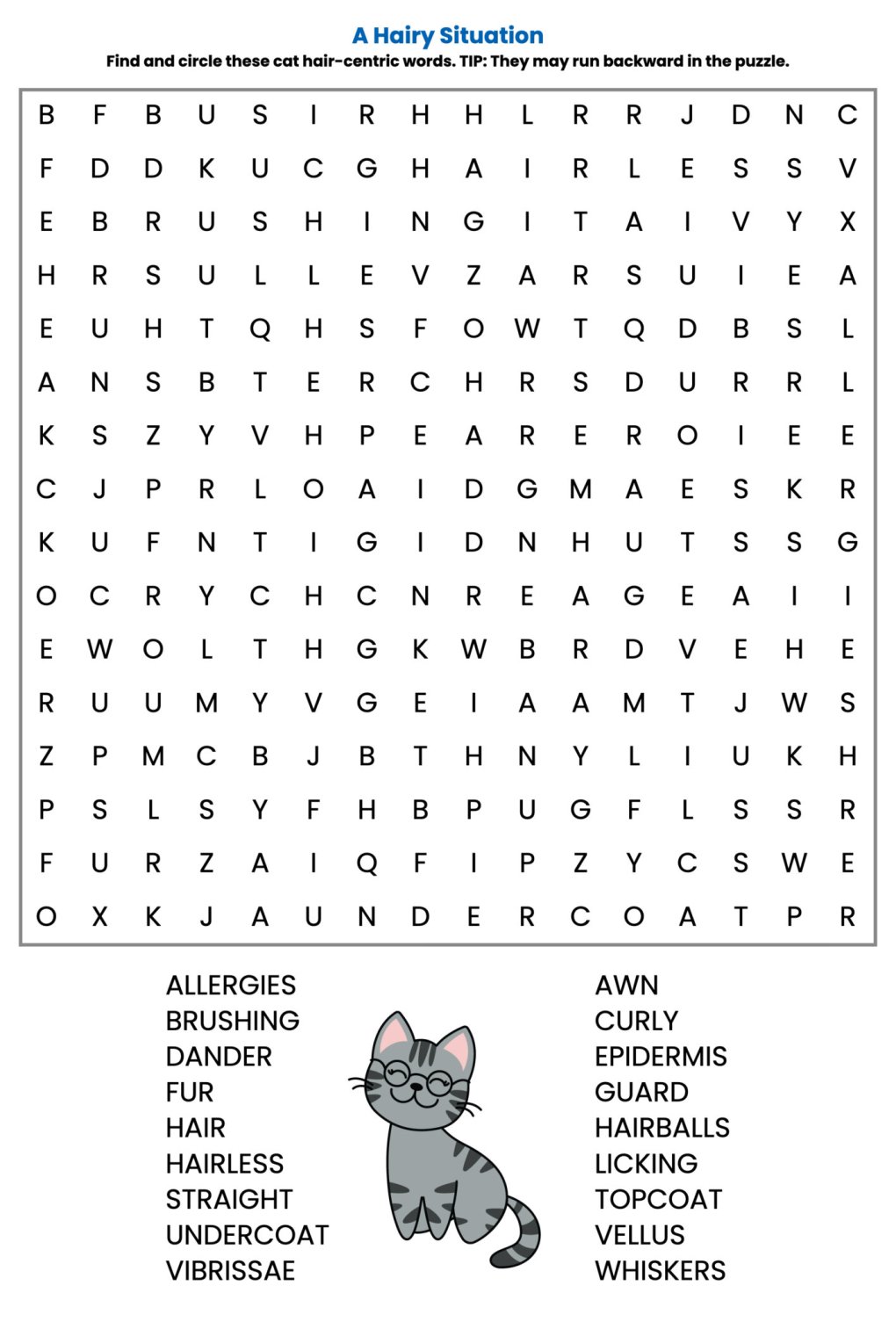 Weekly Cat Word Puzzle – A Hairy Situation