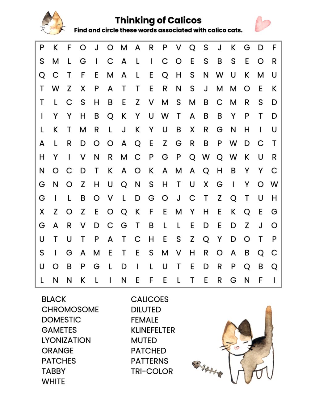 Cat Puzzle: Find and Circle Calico Words in this Printable Picture
