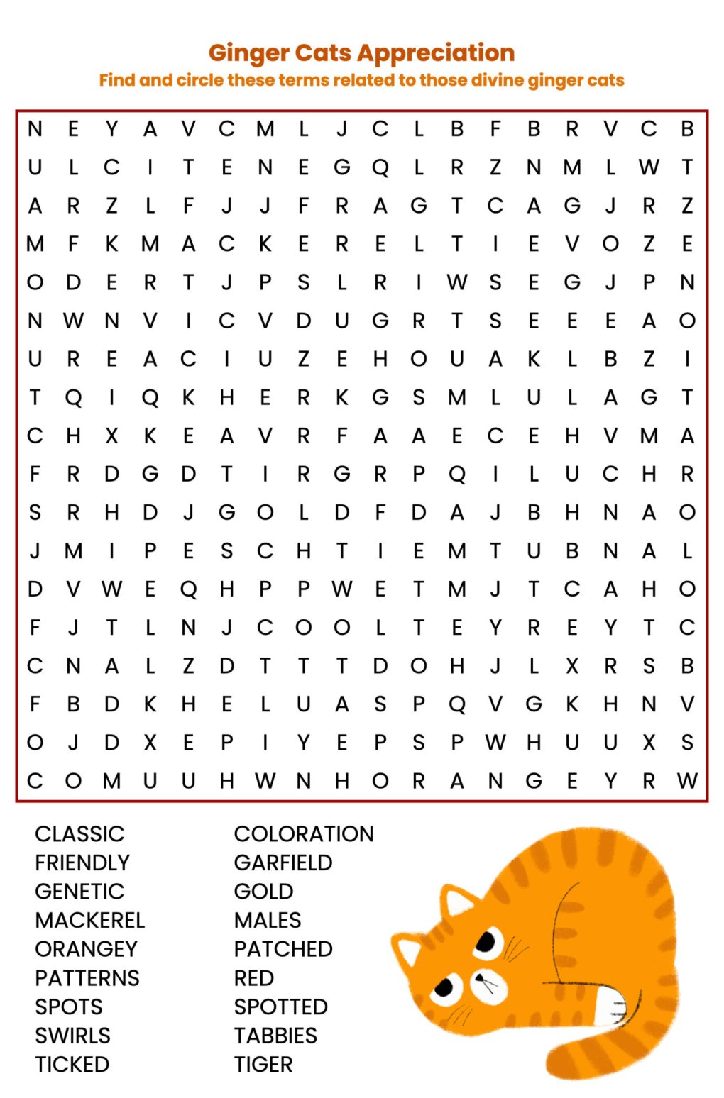 Cat Puzzle: Find Ginger Cat Words in this Printable Grid